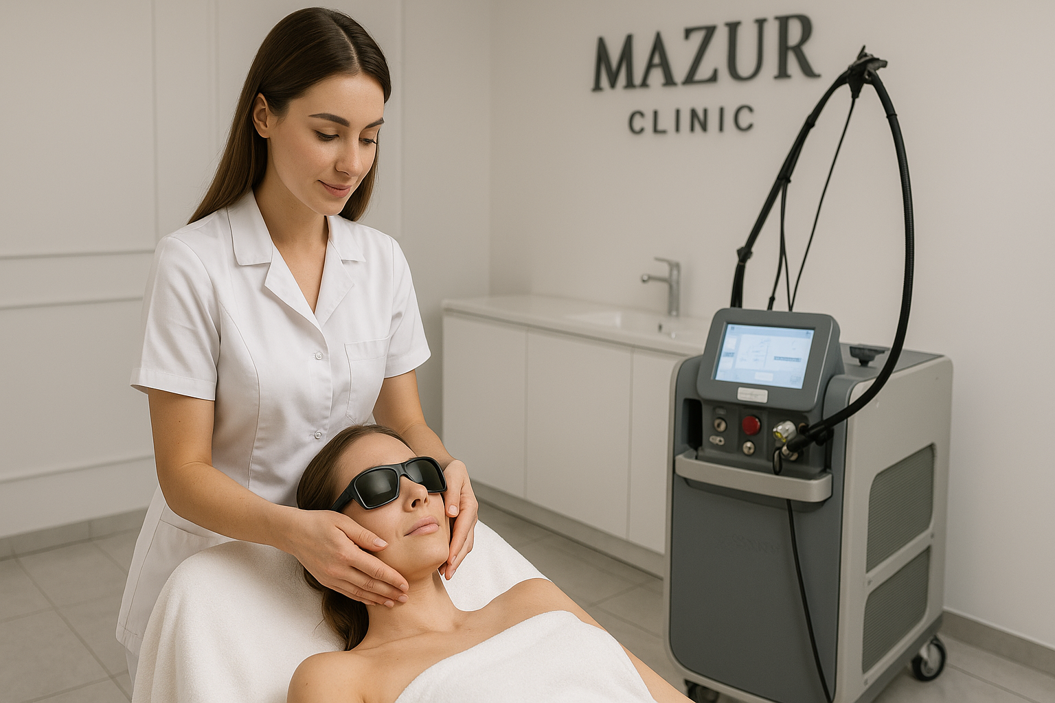 Kosmetolog przygotowujący skórę pacjentki do depilacji laserowej w Mazur Clinic w Kaliszu