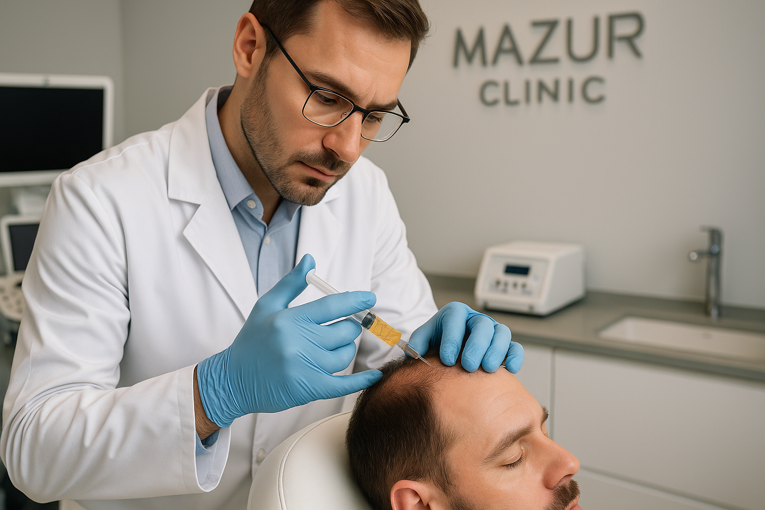 Zabieg osoczem PRP na skórze głowy pacjenta w Mazur Clinic